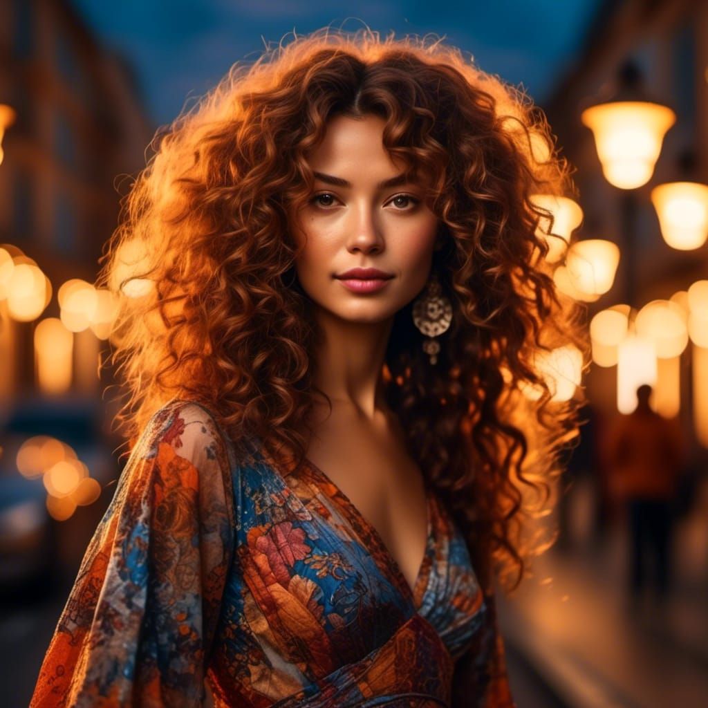 Woman with Curls in Surreal Street Scene