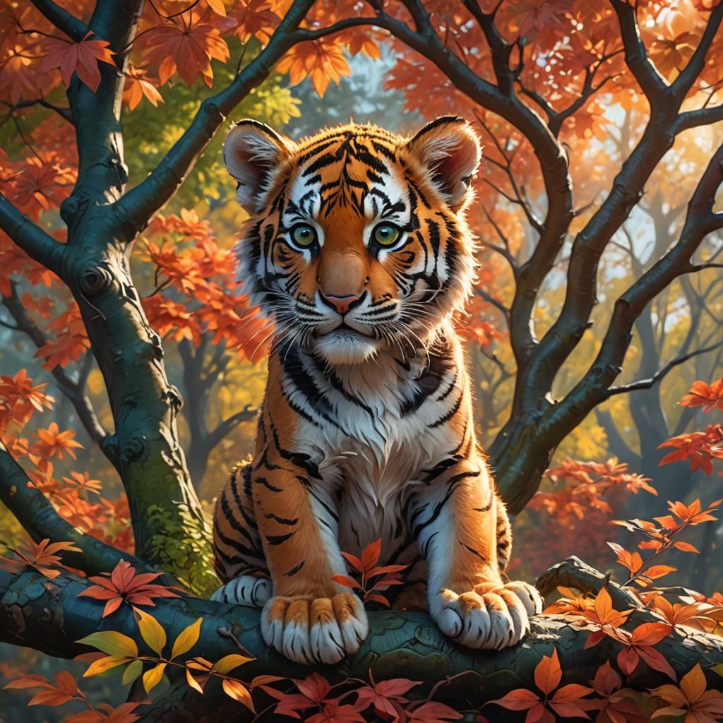 Cute Tiger Cub in Autumnal Fantasy Art