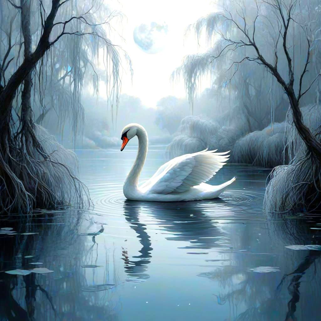 Surreal Watercolor Swan in Whimsical Moonlit Landscape