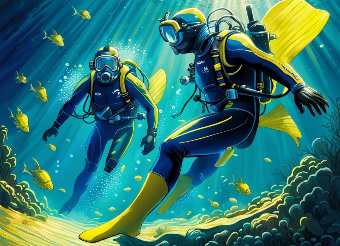 Scuba Diver in Underwater Comic Book Art