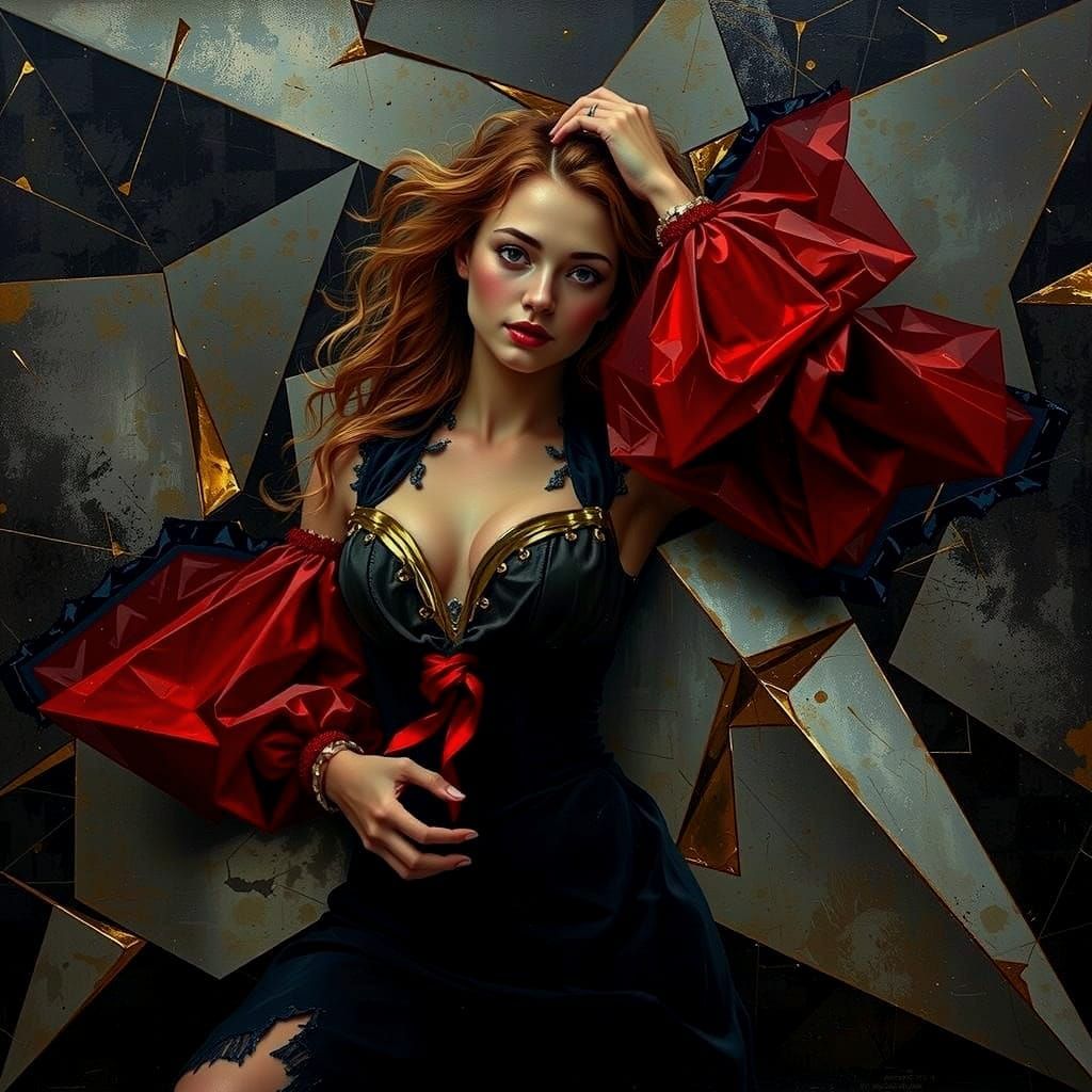 Geometric Abstraction with Red, Blue, and Gold