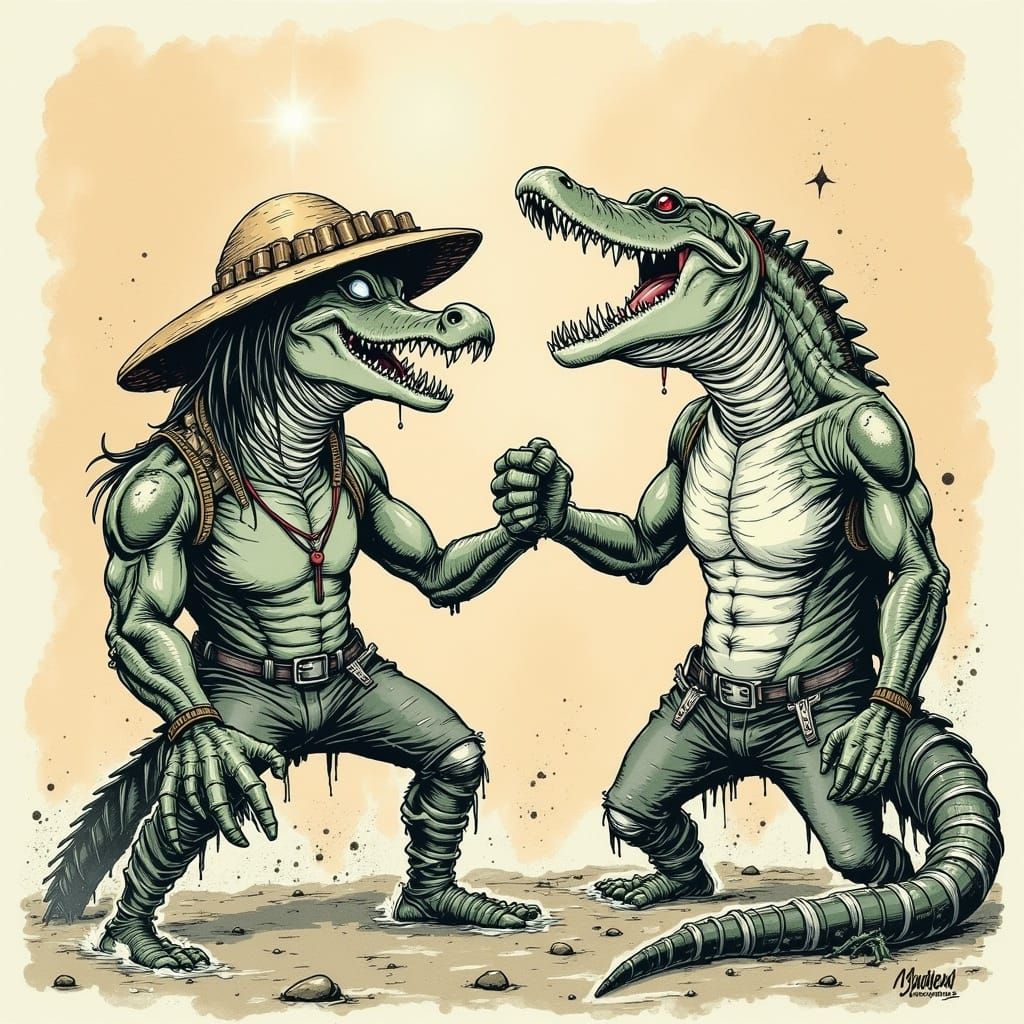 Anthropomorphic Crocodile Arm Wrestles Great White Shark