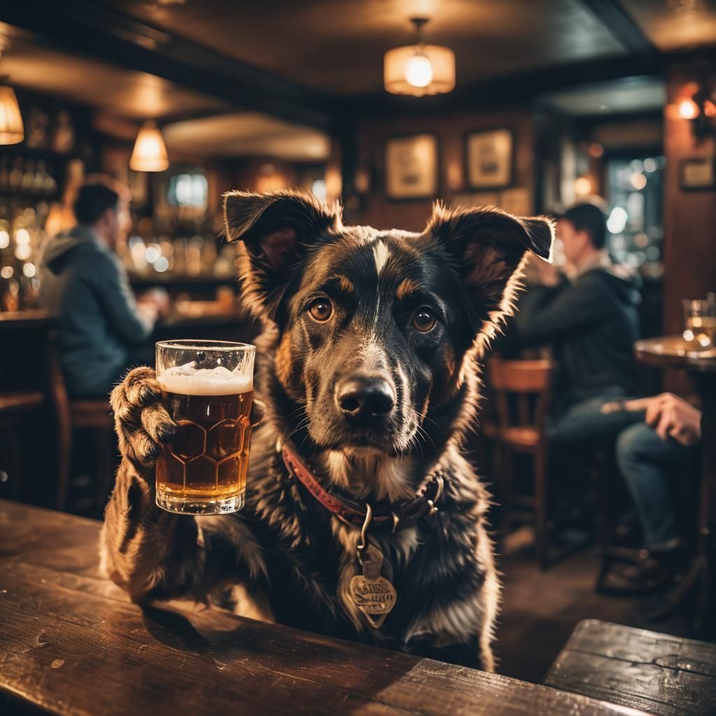 Dog with Thumbs Enjoys Beer in Pub