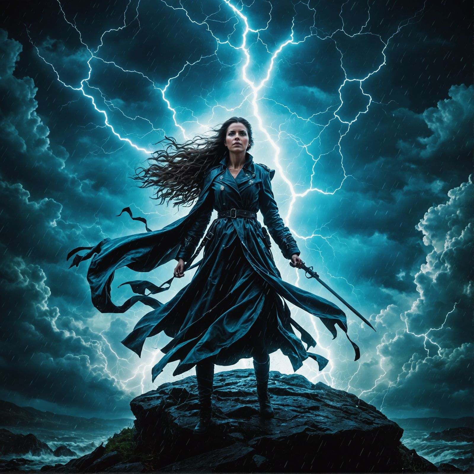 Anime Woman in a Dramatic Thunderstorm