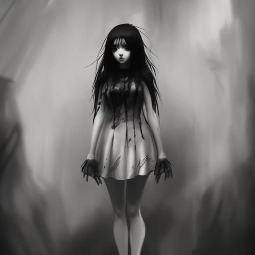 Creepy Girl in Blood-Soaked Clothes: Hyperdetailed Art