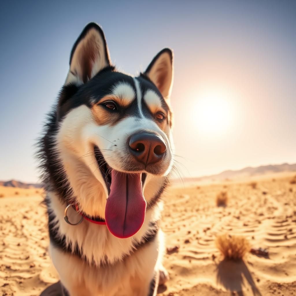 A Husky dog sweating and panting in a hot desert with the blazing sun in the sky.