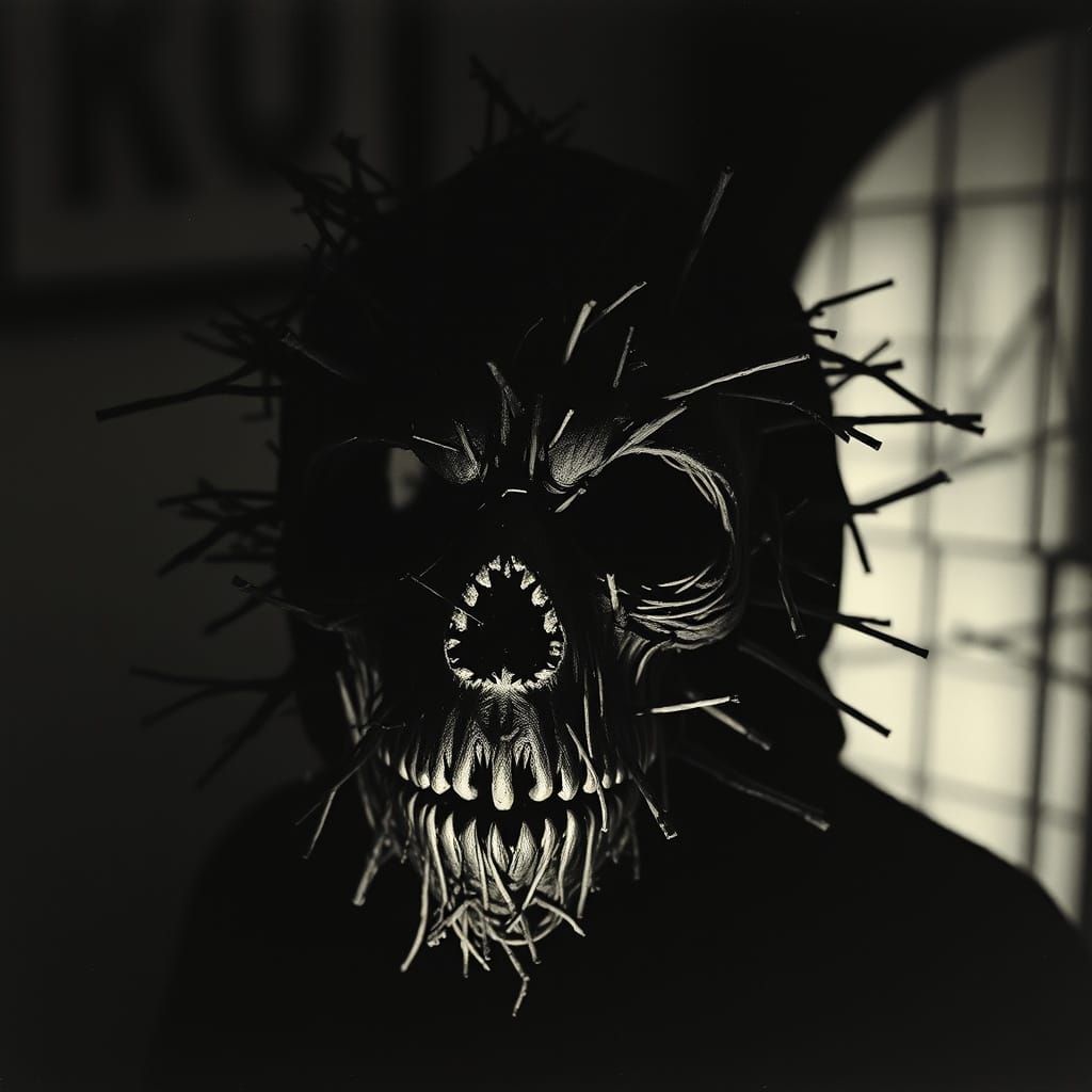 Eerie Mask of Sticks in Photogravure Style