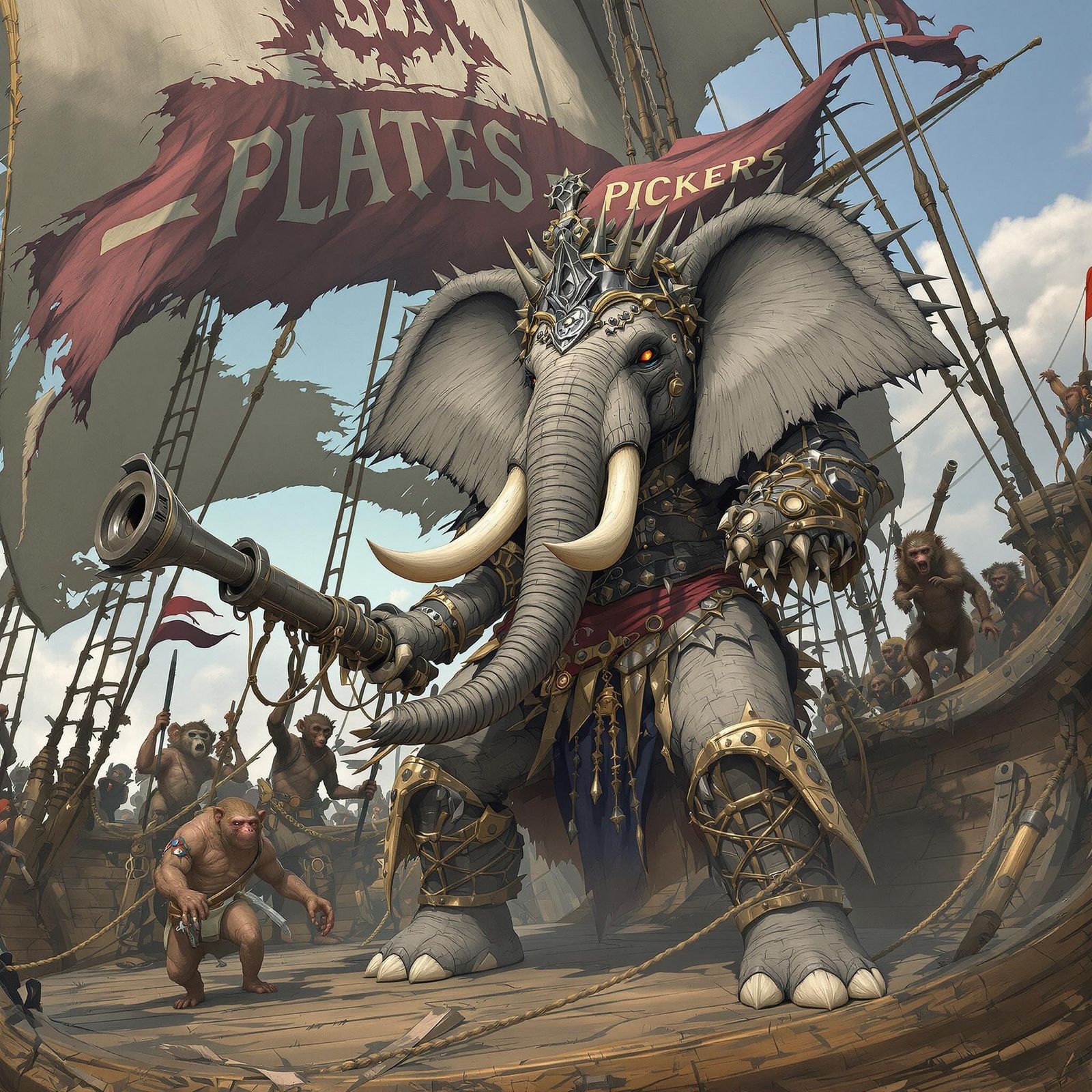 Elephant Pirate Queen on War Galleon, Retro-Futuristic Art