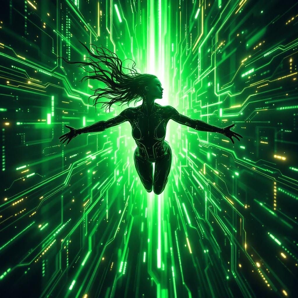Cybernetic Woman Soars Through Emerald Circuit Board World