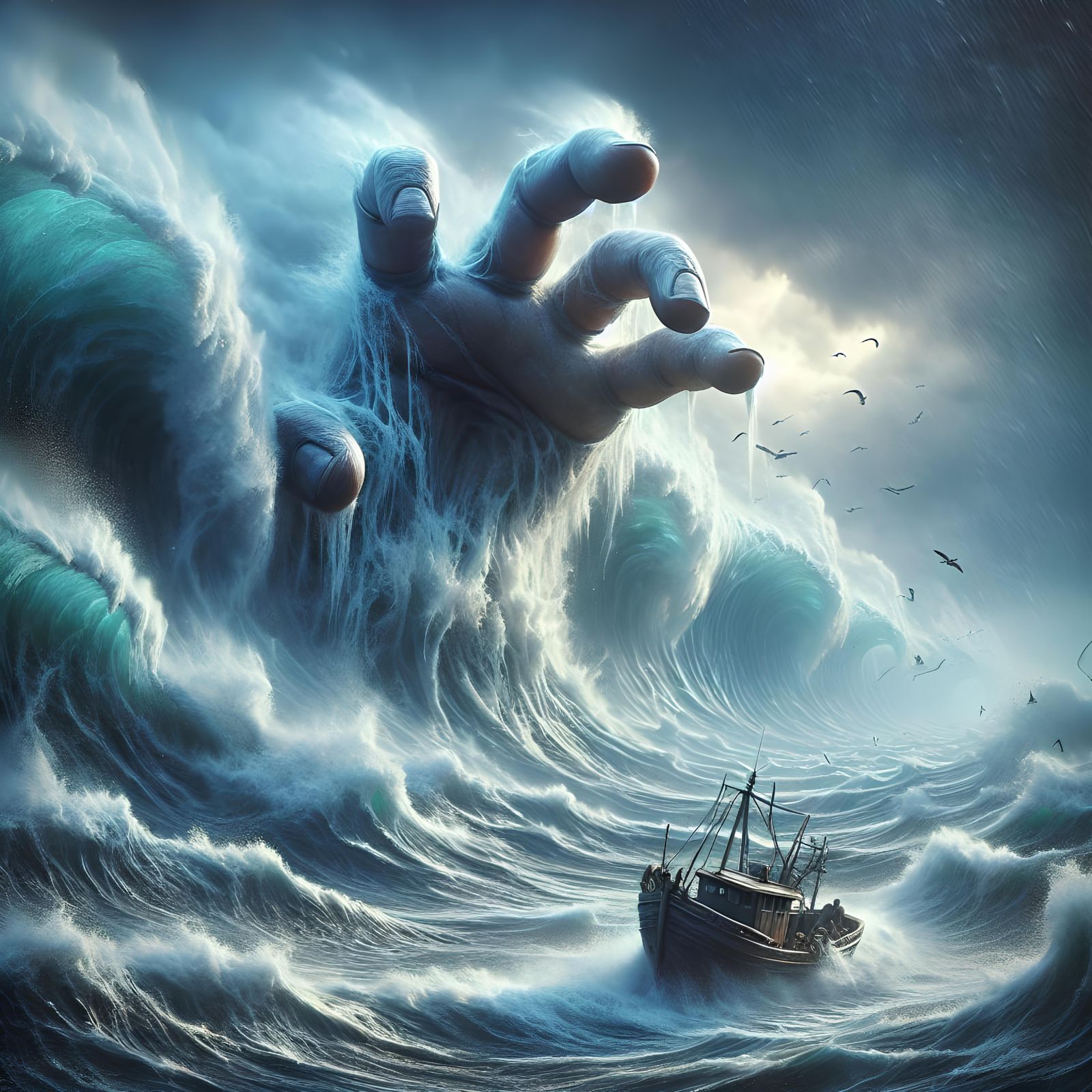 Dramatic Wave Grabs Fishing Boat: Fantasy Concept Art