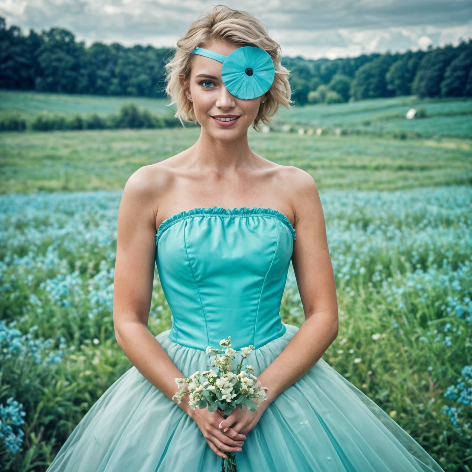 Blonde Woman in Turquoise Eyepatch and Dress