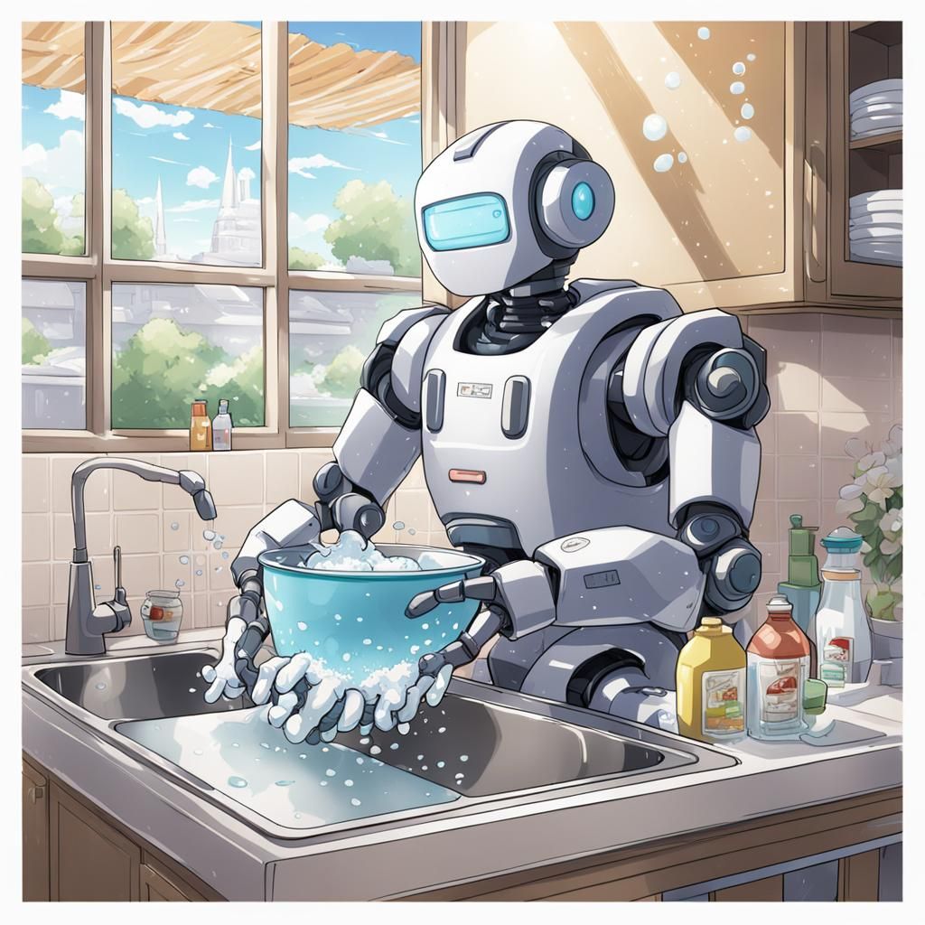 Robot Washing Dishes in Anime Style