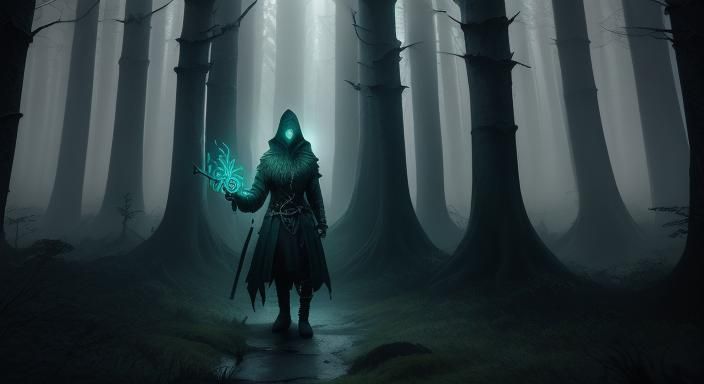 Mystical Rune Master in Dark Fantasy Forest