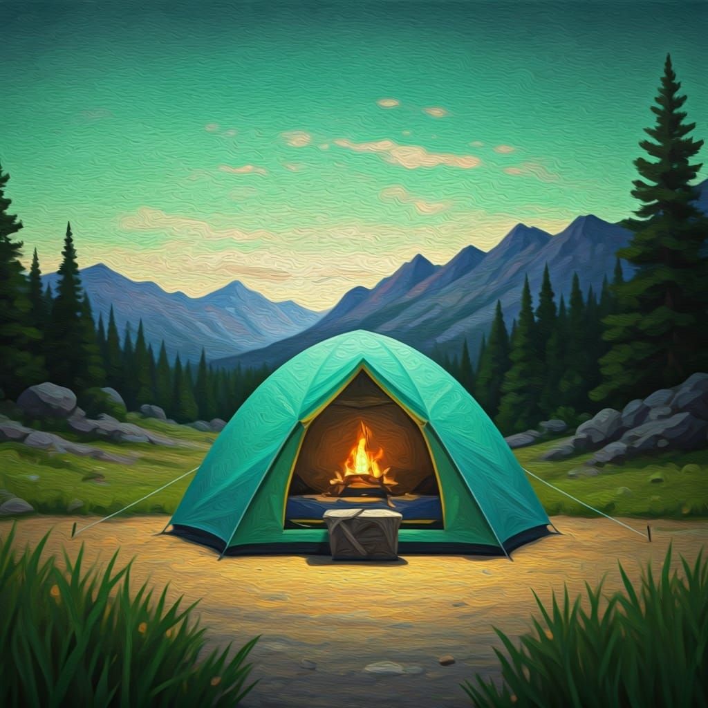 Daytime Camping Scene in Neon Green Oil Paint