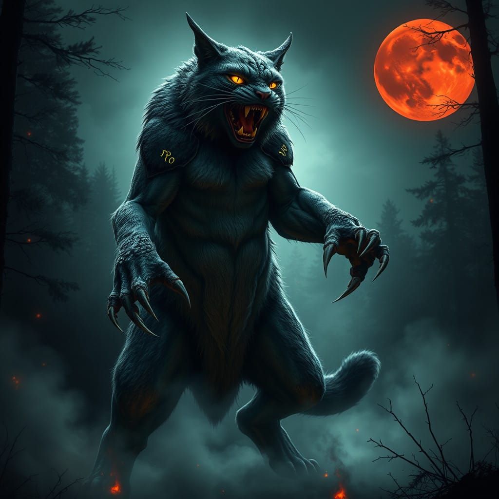 Cyberpunk Werewolf Hybrid Dominates Dark, Moonlit Forest