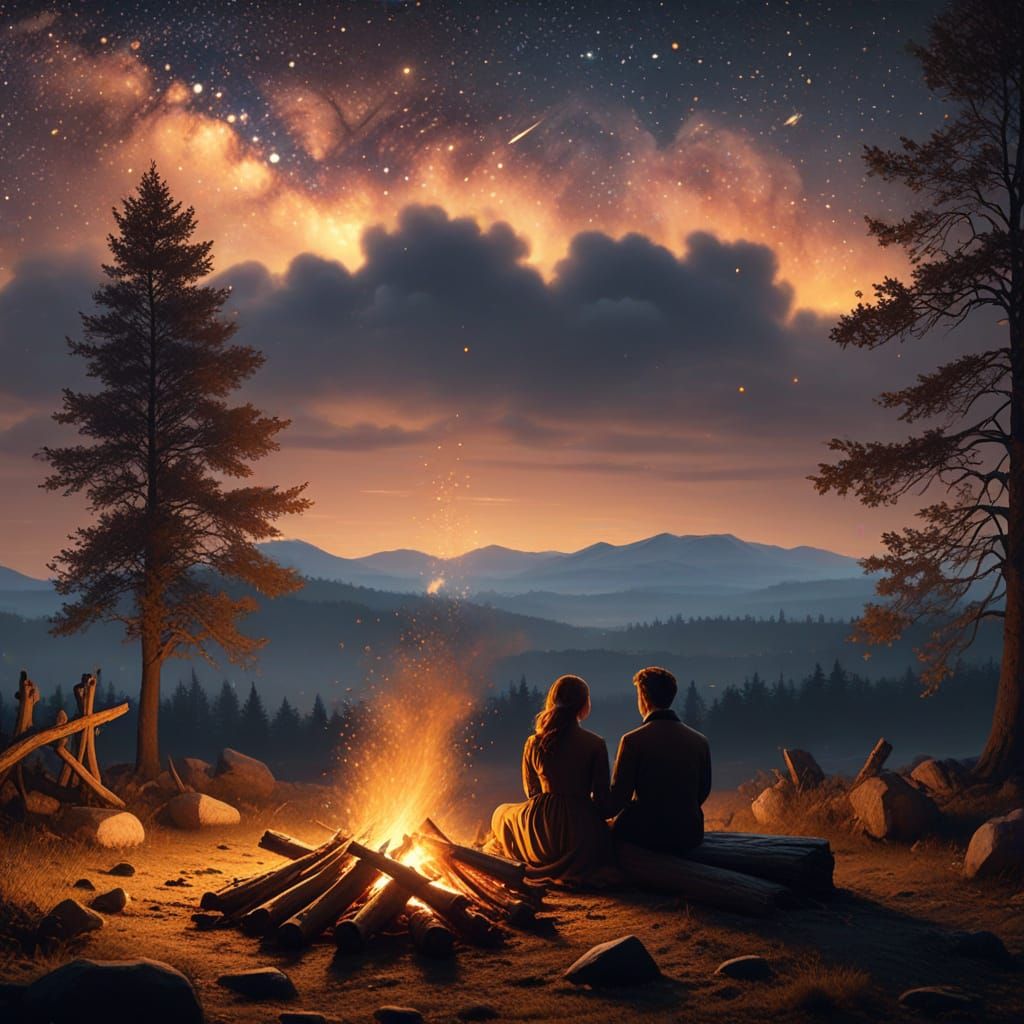 Romantic Bonfire Stargazing in Dreamy Surrealism Style