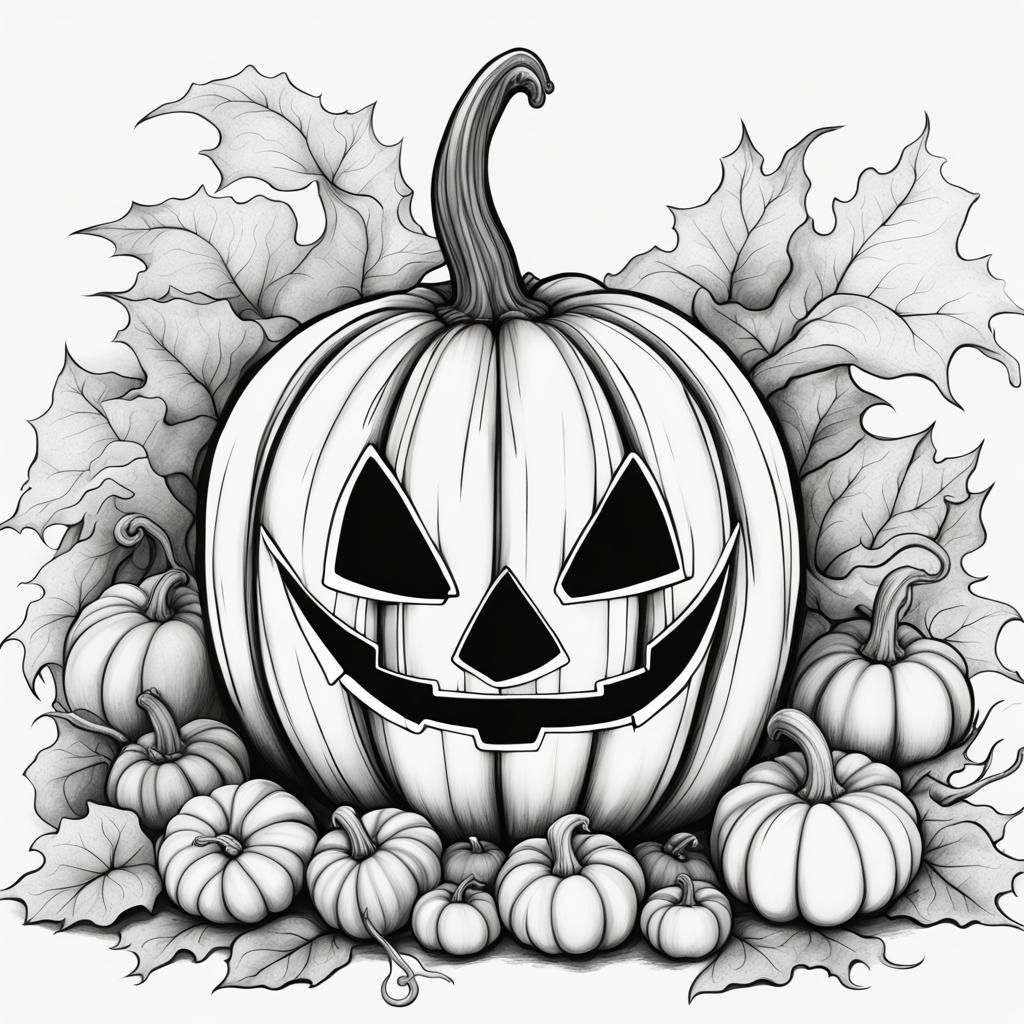 Detailed Pumpkin Coloring Page in Black and White