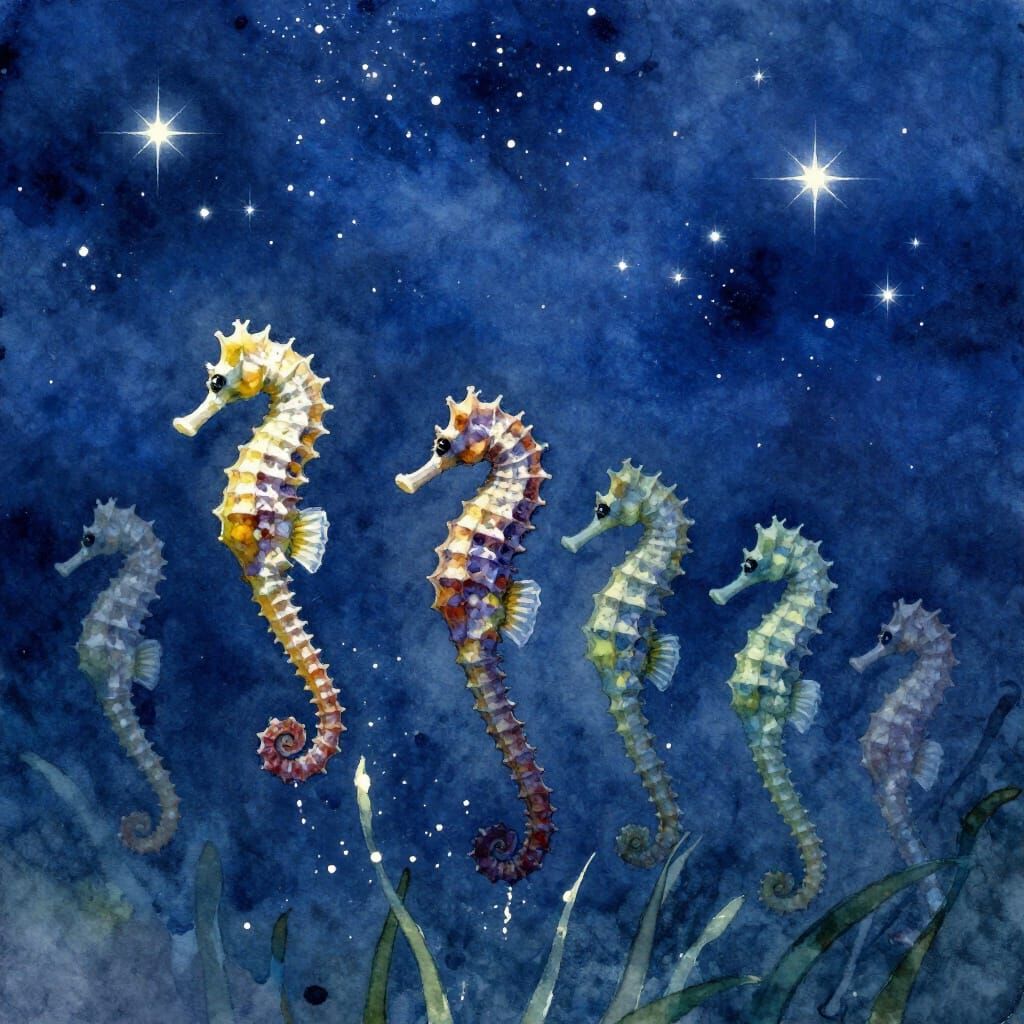 Seahorses Ascend Starry Night Sky in Watercolor