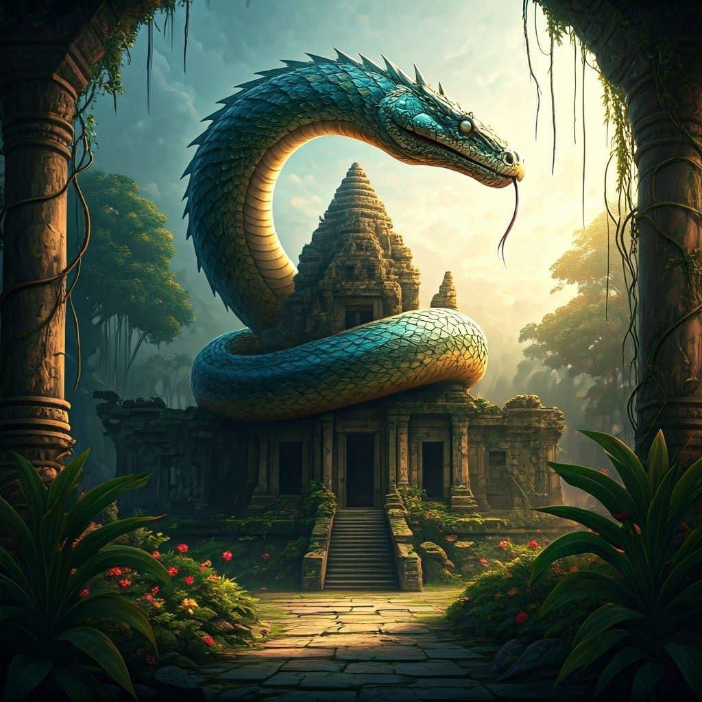 Majestic Serpent Around Ancient Temple in Fantasy World