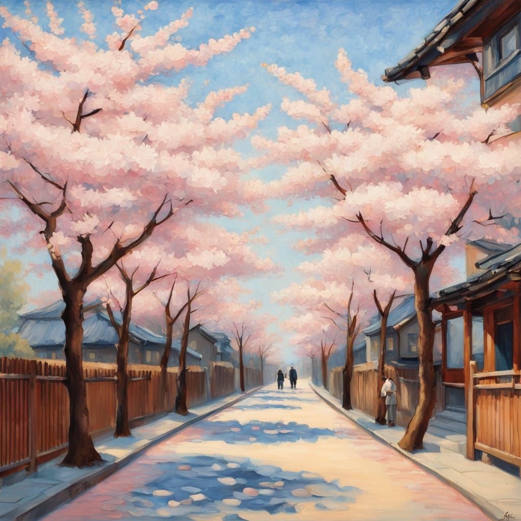 Surreal Cherry Blossom Street in Impressionist Style