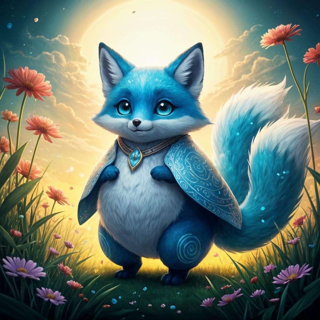 Celestial Blue Fox Waddles through Vibrant Field of Wildflow...