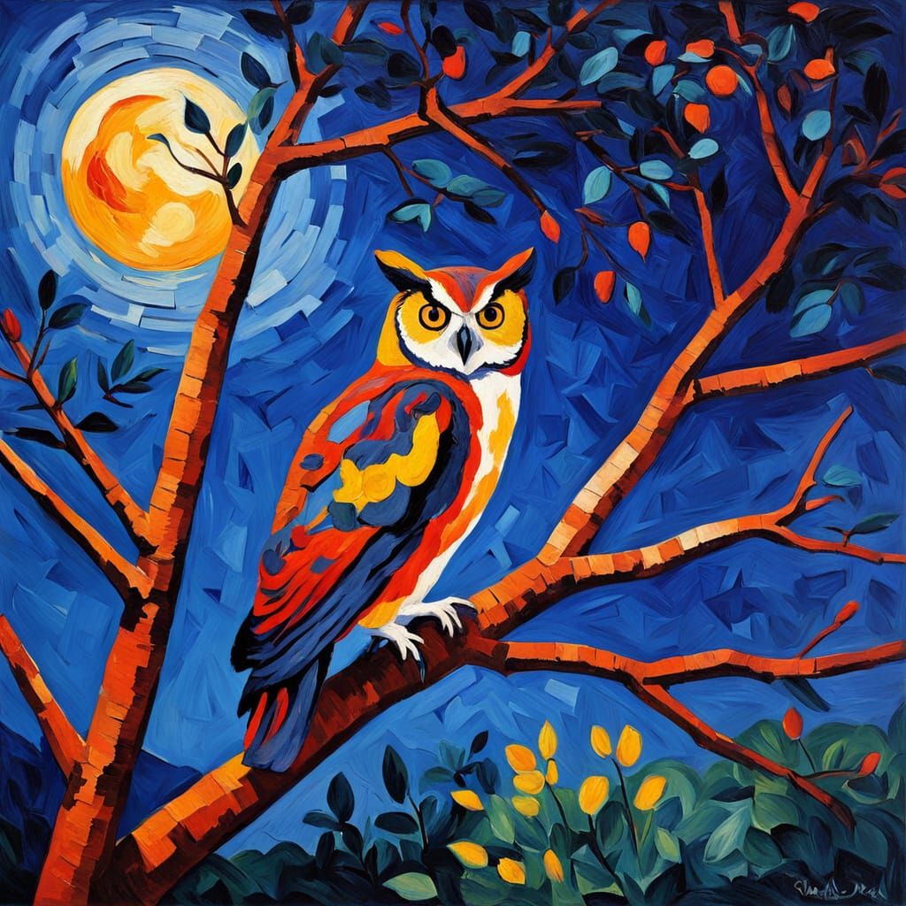 Dreamlike Fauvist Masterpiece of Owl Under Glowing Full Moon