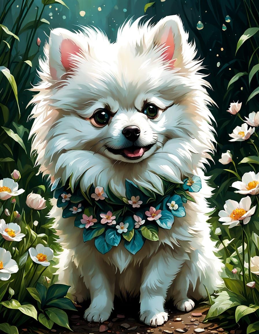 Adorable Springtime Pomeranian in Digital Art Style