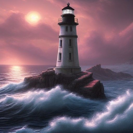 Lighthouse Overlooking Rough Ocean Waves: Detailed Matte Pai...