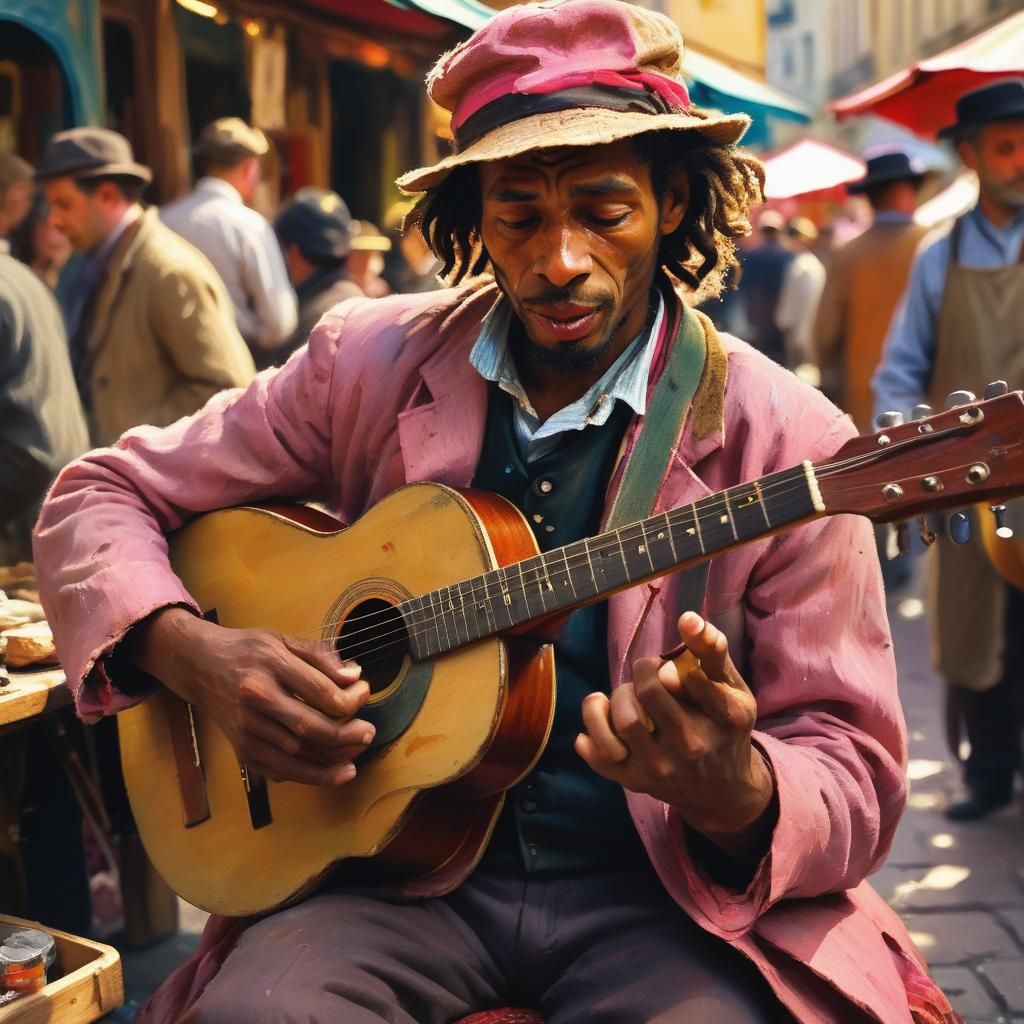 Reggae Musician in 19th Century Market, in Expressionist Sty...