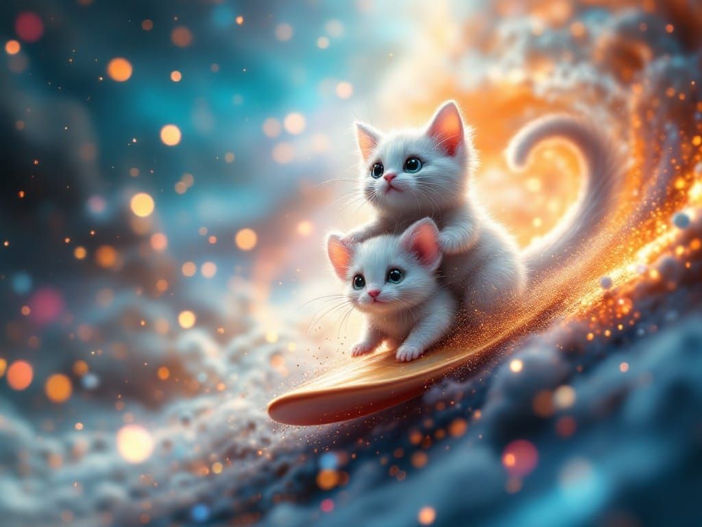 Kawaii Cat and Mouse Duo Soar Through a Swirling Pastel Gala...