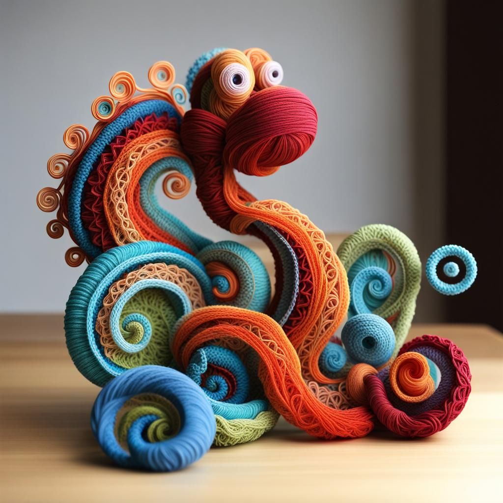 yoshi, sculpture made of yarn in crochet technique