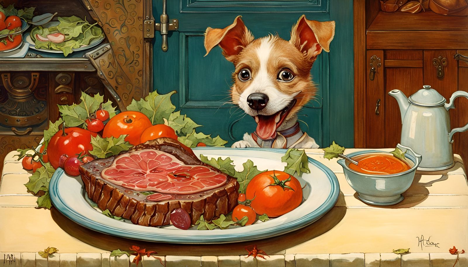 Playful Dog Steals Steak: A Rockwell-esque Painting