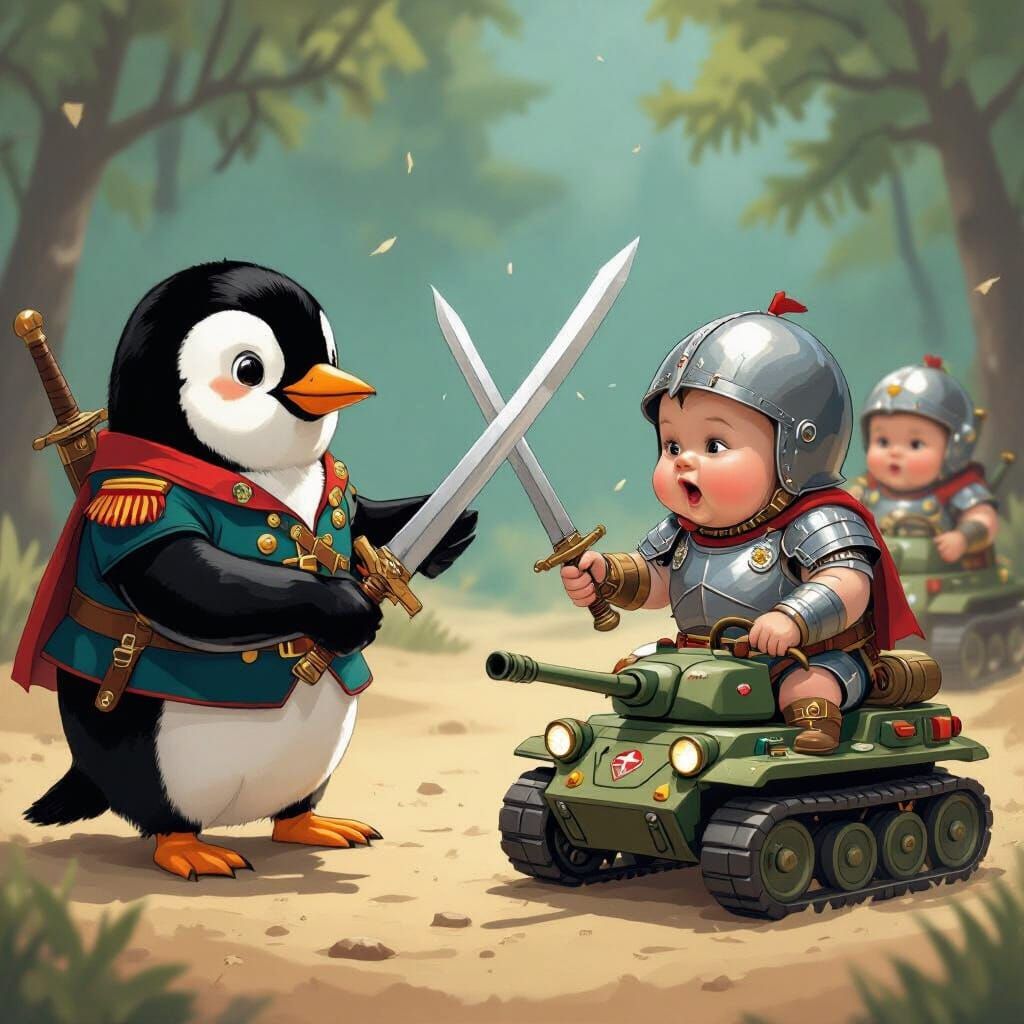 Penguins vs Babies: A Comedic Battle in Whimsical Style