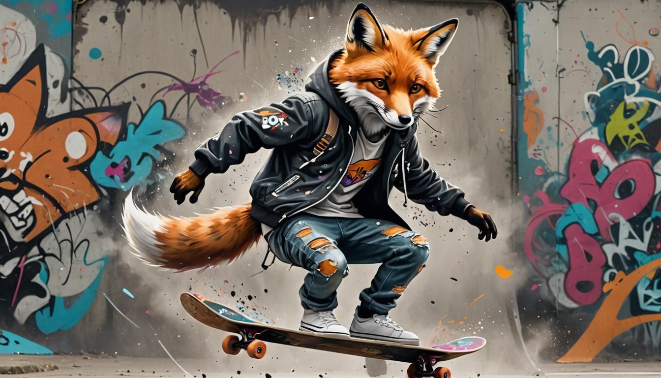 Skateboarding Fox in Graffiti Skate Park, Digital Art