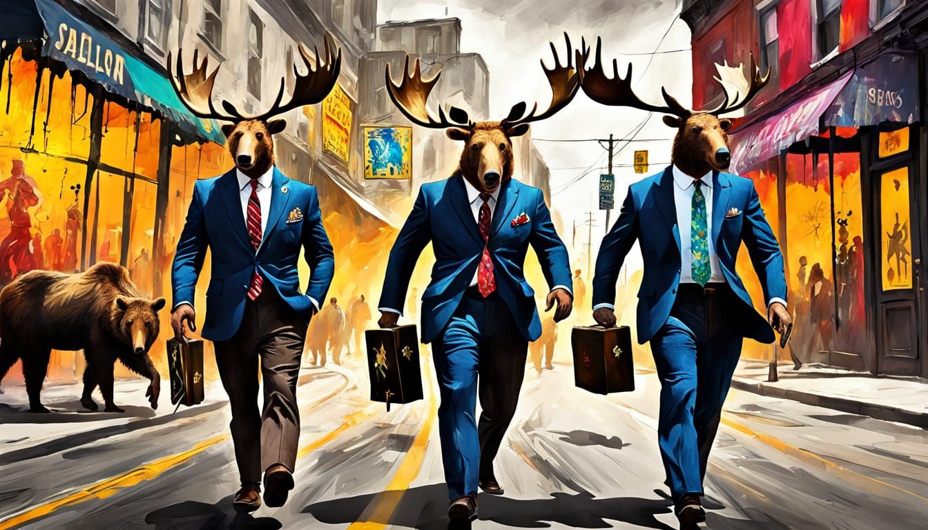Bear and Moose in Suits on 1800s Street, Surreal Style