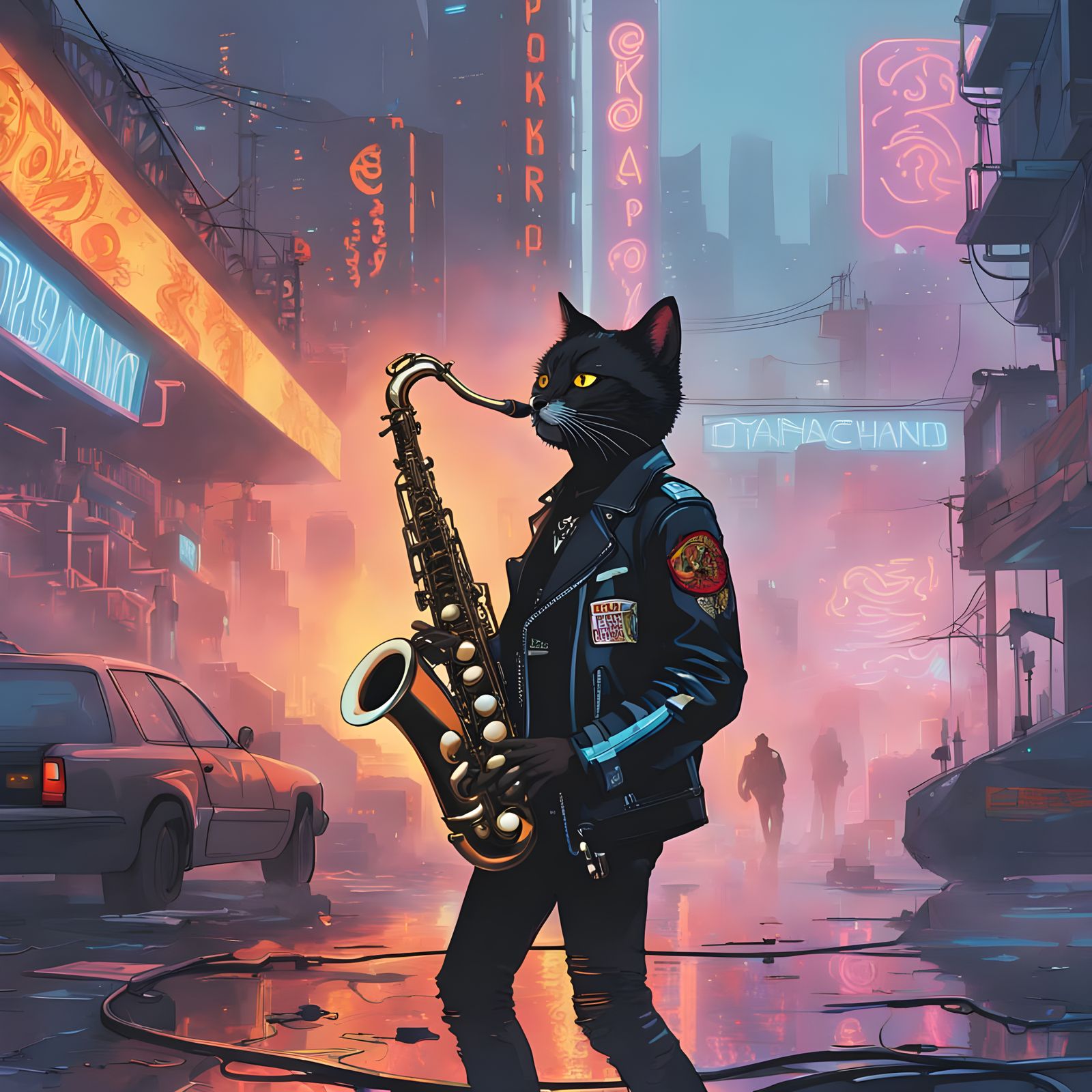 Saxophone Wielding Cyberpunk Cat in Flamepunk Style