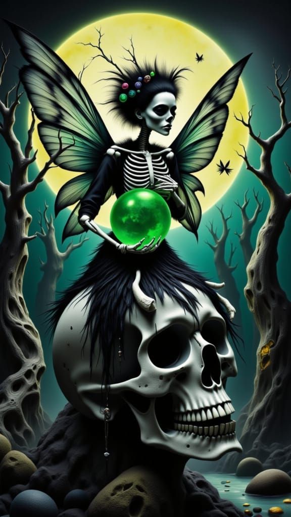 Skeletal Fairy with Glowing Orb and Sugar Skull