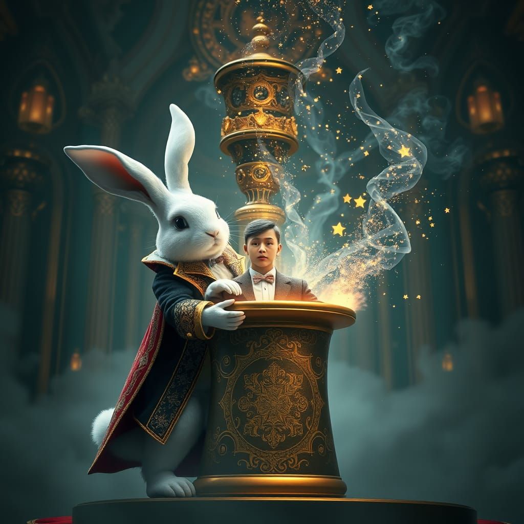 Magician Rabbit Pulls Human from Hat: Fantasy Art