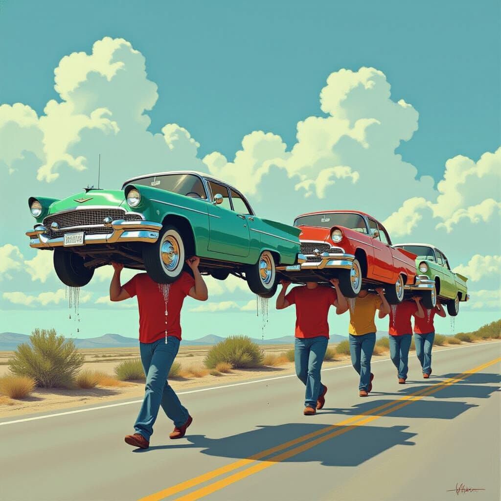 Surreal Scene: People Carry Cars on Their Backs