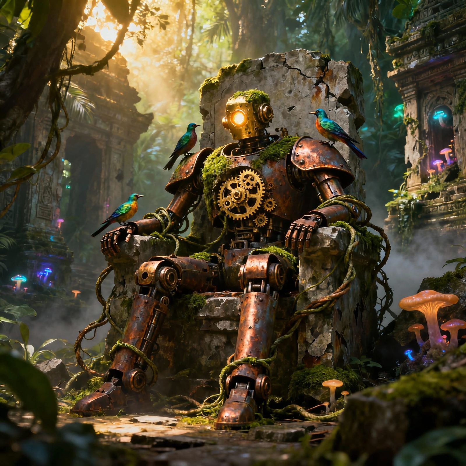 Ancient Automaton on Throne in Jungle Temple