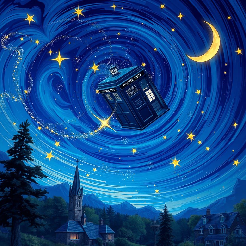 Dreamlike Night Sky with TARDIS in Flight