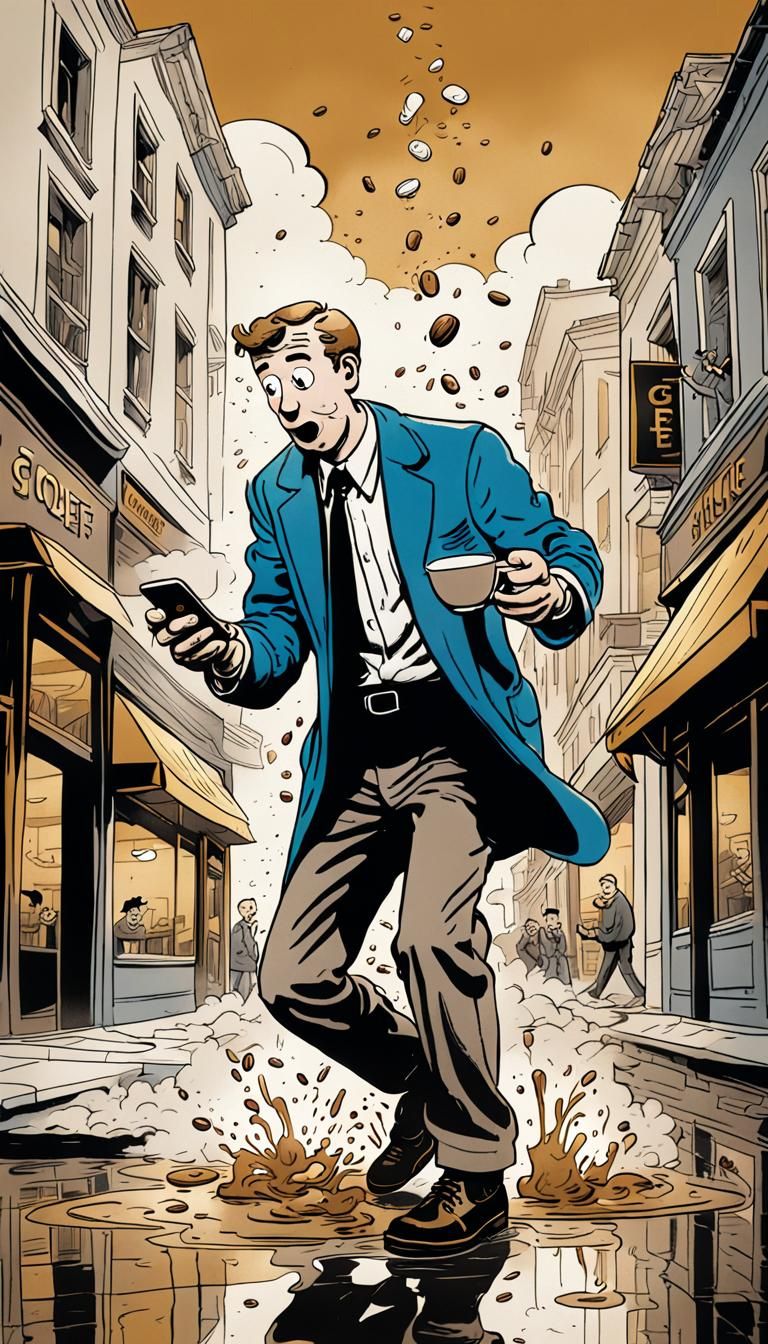 cartoon by Hergé of An over-caffeinated, wide-eyed customer ...