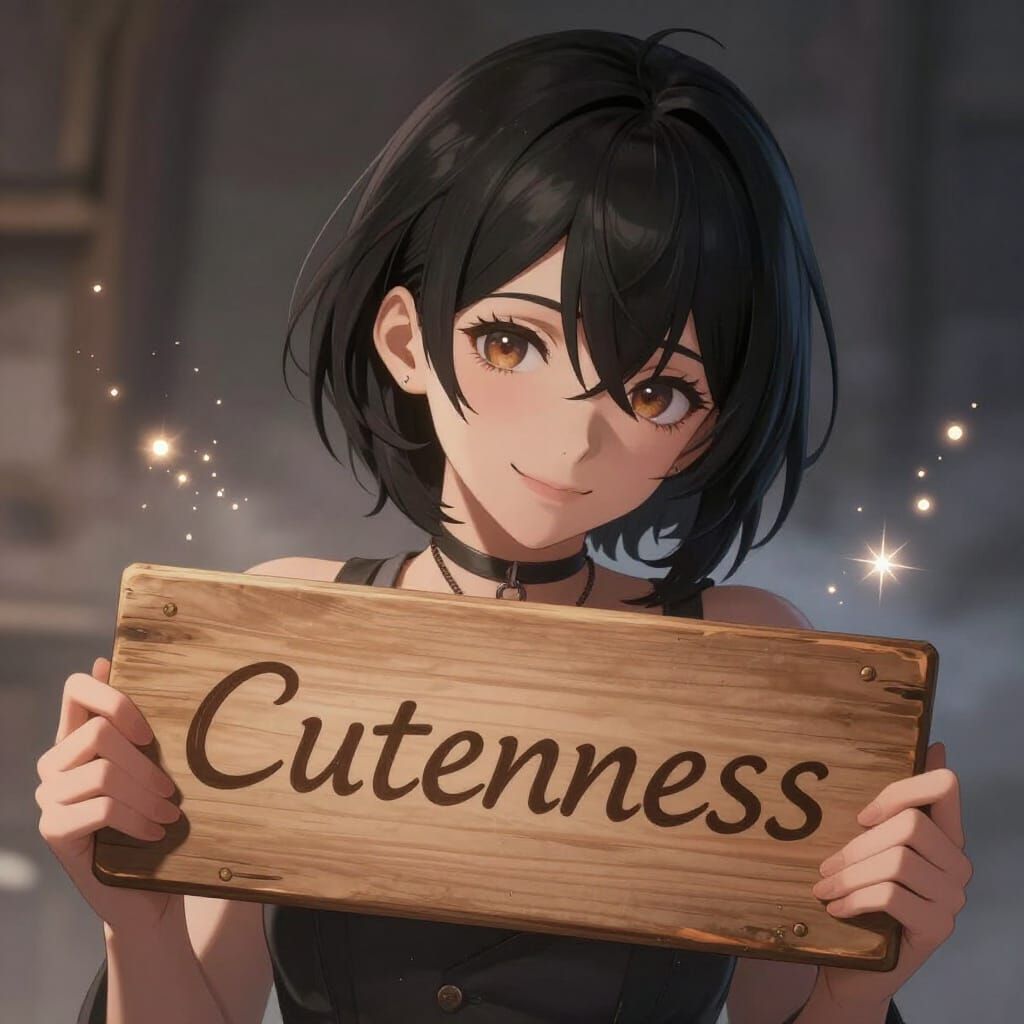 Anime Woman Holding 'Cuteness' Board, Fantasy Art