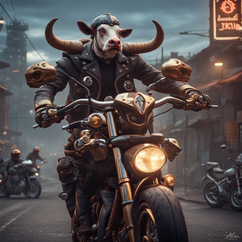 Humanoid Cow Biker on Motorcycle: Detailed Matte Painting