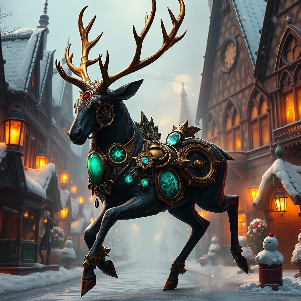 Regal Steampunk Reindeer in Victorian Christmas Village