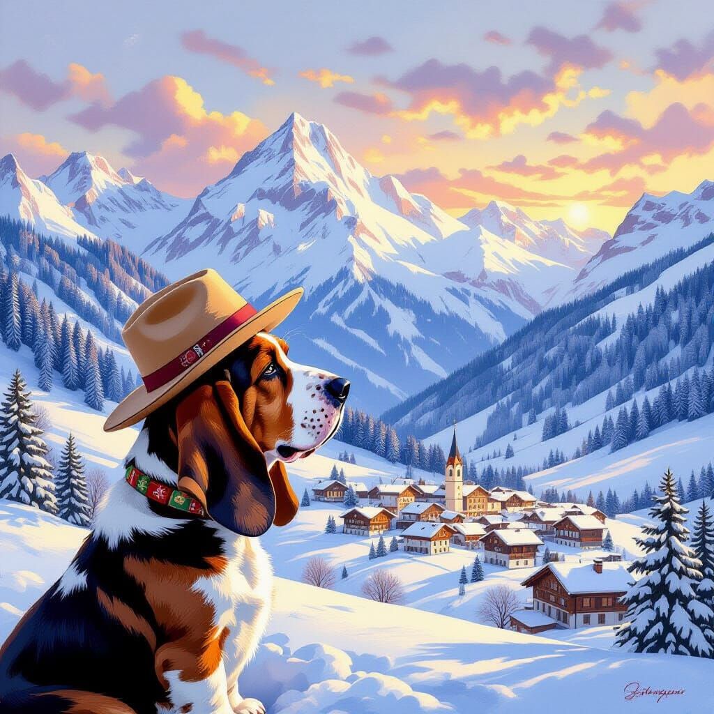 Basset Hound Surveys Snowy Mountains at Sunset