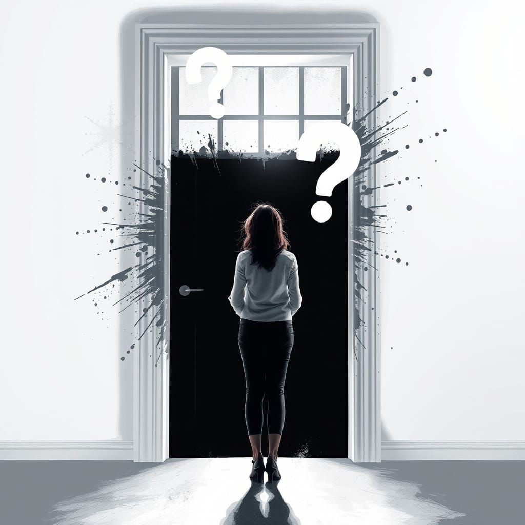 A woman standing in front of an open door, hesitating. Light and shadow spill out of the door, forming question marks. s...