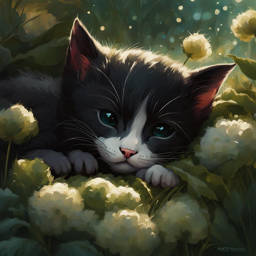 Kitten Cub Sleeping in Garden, Digital Painting