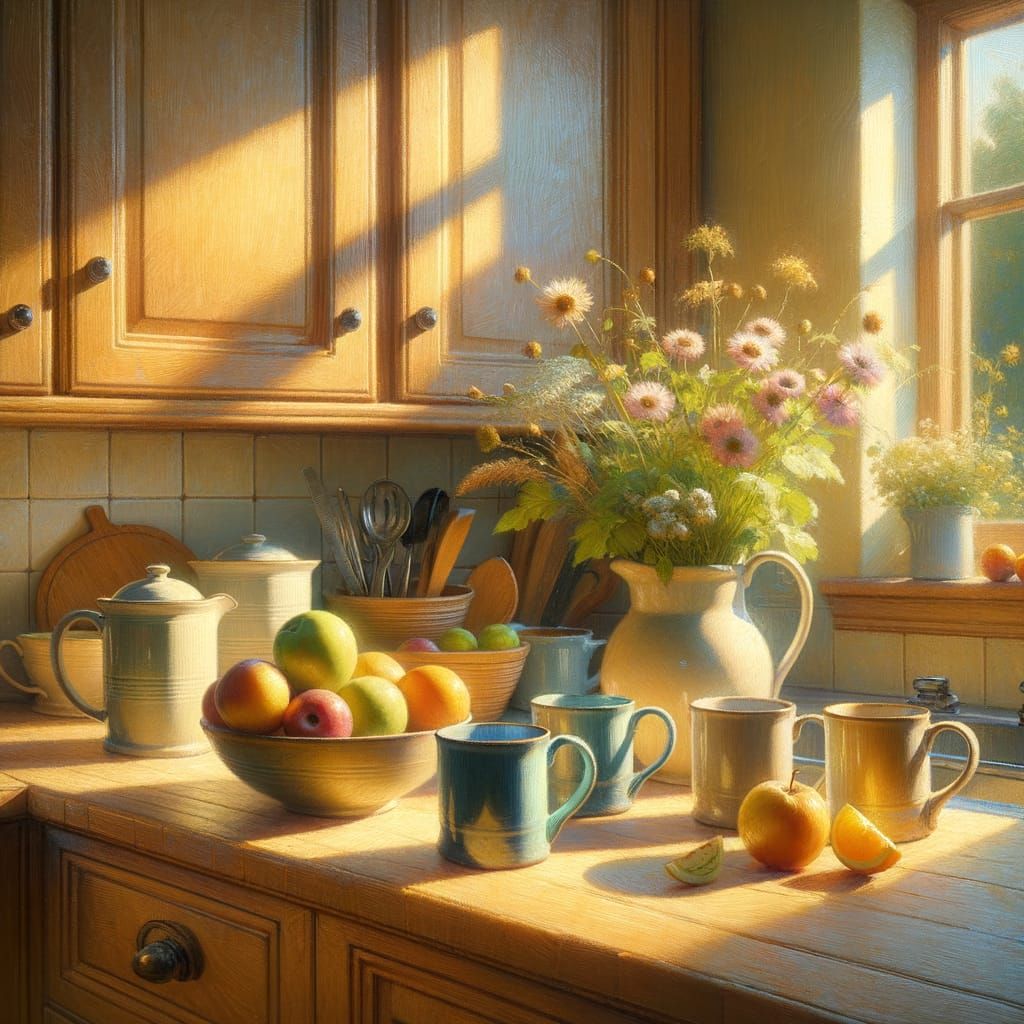 Sunlit Kitchen Counter with Mugs and Flowers in Impressionis...