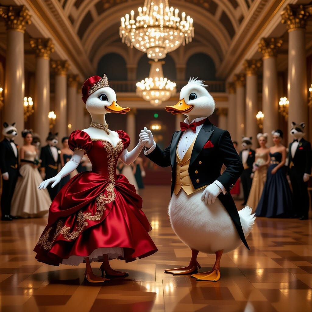 Ducks Ballroom Dancing in Hyperrealistic Style